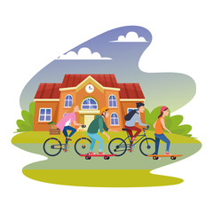 People with bikes and skateboard