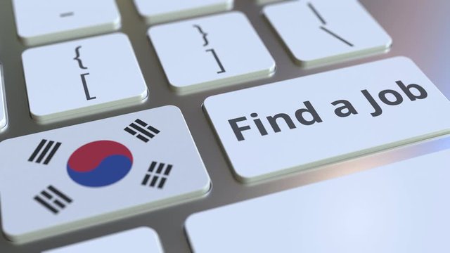 FIND A JOB text and flag of South Korea on the buttons on the computer keyboard. Employment related conceptual 3D animation