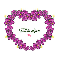 Sketch of flower frame, in purple colors, with template for design fall in love. Vector