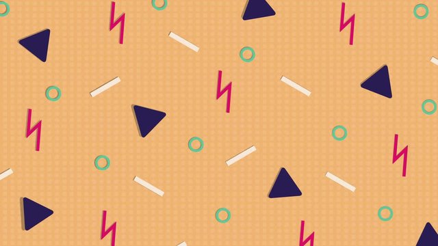 Retro abstract design orange pattern background with colorful triangles, circles, lines and zigzags. Memphis style with geometrical shapes of different vintage colors. Animated vintage from 80-90s.