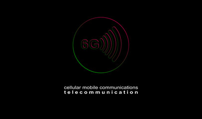 Illustration, poster 6G. New protocols in development. Telecommunications Sixth Generation Network Connectivity. Cellular mobile communications. Strong color contrast design on dark background.