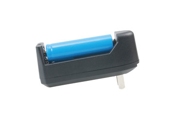 Black Rechargeable Battery Charger and blue battery isolated on White Background with clipping path