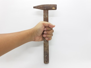 Vintage Used Rusty Hammer in Hand in White Isolated Background
