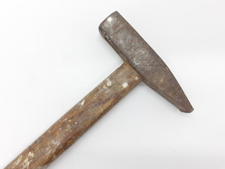 Vintage Used Rusty Hammer in Hand in White Isolated Background