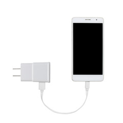 Smartphone charging with adapter power plug on white background with clipping path