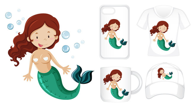 Graphic design on different products with mermaid