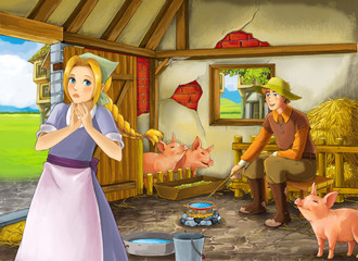 Cartoon scene with beautiful girl and farmer rancher in the barn pigsty illustration for children