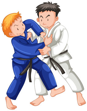 Two boys fighting judo wrestling on sport competition