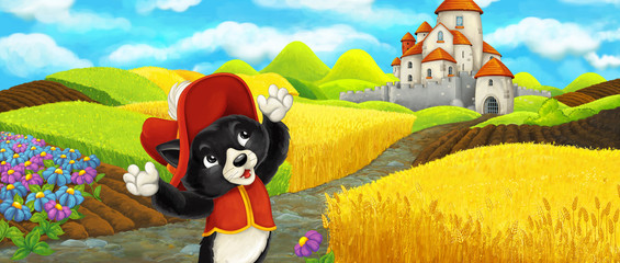 Plakat Cartoon scene - cat traveling to the castle on the hill near the farm ranch - illustration for children