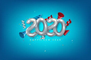 Realistic 2020 silver numbers and festive confetti, stars and streamer ribbons