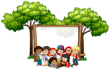 Banner template design with many kids under the tree