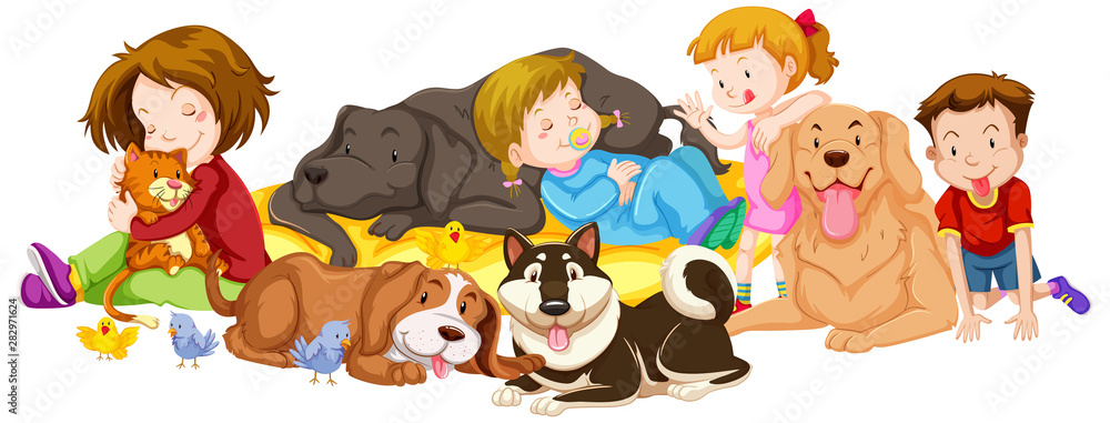 Sticker many kids and pets on white background