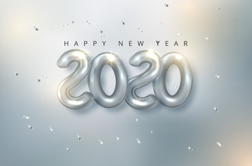 Happy New 2020 Year. Vector holiday illustration. Paper 3d numbers on white abstract topography background