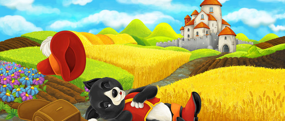 Obraz na płótnie Canvas Cartoon scene - cat traveling to the castle on the hill near the farm ranch - illustration for children
