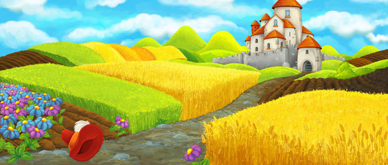 Obraz na płótnie Canvas Cartoon scene - cap near the castle on the hill near the farm ranch - illustration for children