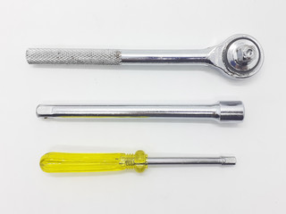 Complete Metallic Small Mechanic Screwdriver Tool Box Set in White Isolated Background