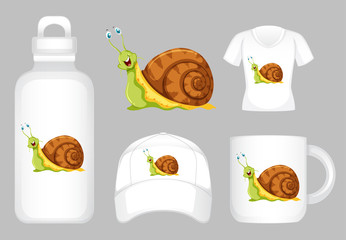 Graphic design on different products with cute snail