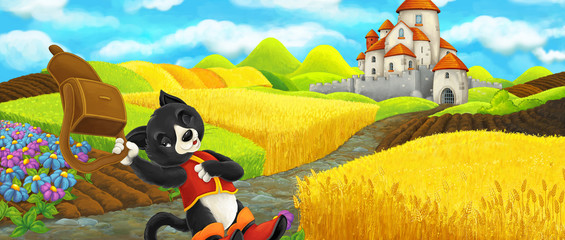 Obraz na płótnie Canvas Cartoon scene - cat traveling to the castle on the hill near the farm ranch - illustration for children