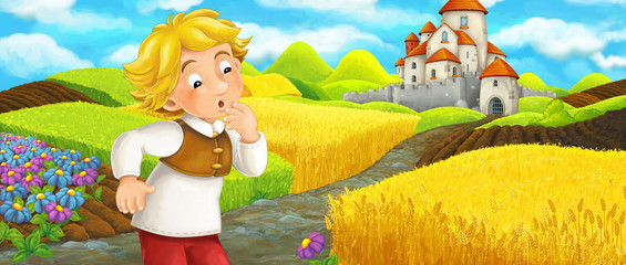 Obraz na płótnie Canvas Cartoon scene - young farmer rancher boy traveling to the castle on the hill - illustration for children
