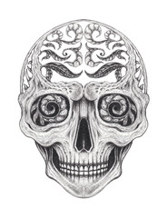 Art Surreal Skull Tattoo. Hand drawing on paper.