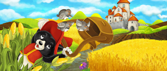 Obraz na płótnie Canvas Cartoon scene - cat traveling to the castle on the hill near the farm ranch and catching birds - illustration for children