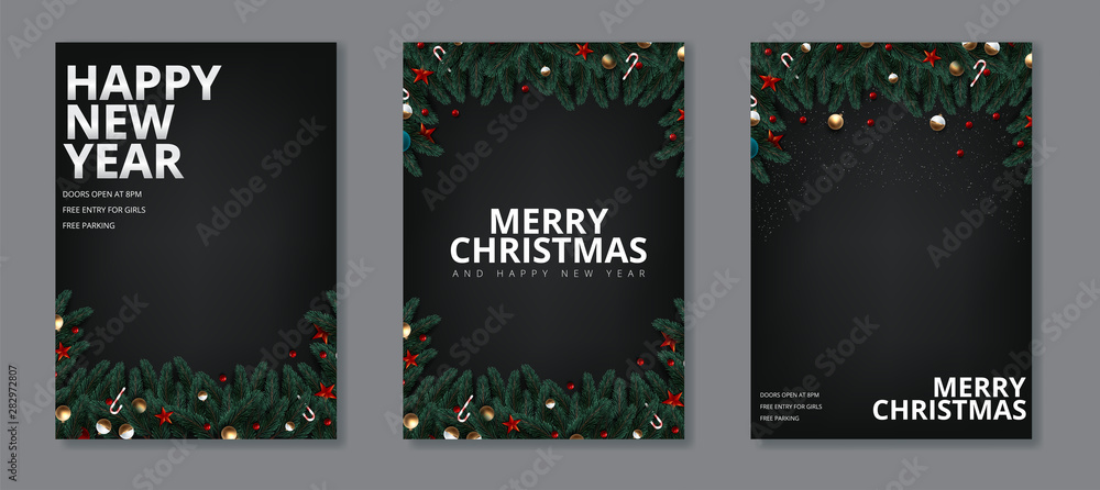 Wall mural vector illustration of happy new year 2020 gold and black collors place for text christmas balls