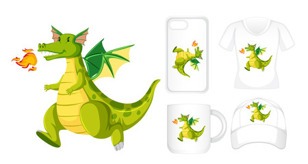 Graphic design on different products with green dragon