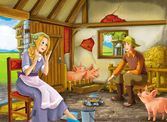 Obraz na płótnie Canvas Cartoon scene with beautiful girl and farmer rancher in the barn pigsty illustration for children