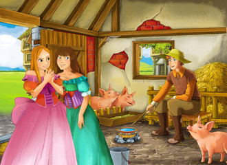 Cartoon scene with princess and farmer rancher in the barn pigsty illustration for children