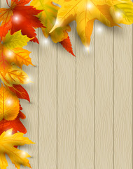 Autumn background with  falling leaves on wooden background. Place for text. Great for bridal shower, party invitation, seasonal sale, wedding, web, autumn festival. Vector illustration.