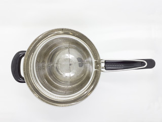 White Silver Metallic Round Circle Non Sticky Fry Pan for Home Kitchen Utensils in White Isolated Background