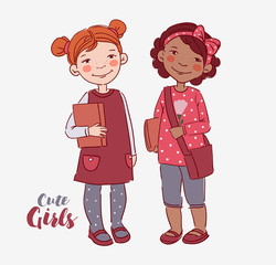 Funny, smiling kids. Children becoming friends. Back to school vector concept. Happy girls with books