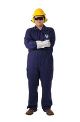 portrait of a worker in Mechanic Jumpsuit is holding a wrench isolated on white background