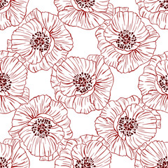 Flourish poppies pattern in line art style. Poppy flower line art. Botanical seamless vector texture. Colorful background blossoming bloomy vector. Wildflowers handcrafted artsy poppy surface design