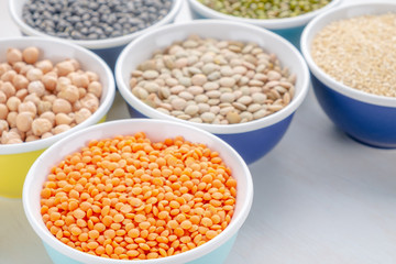 Different types of legumes in small pussies on a white background