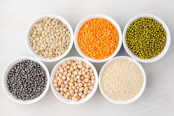 Different types of legumes in small pussies on a white background