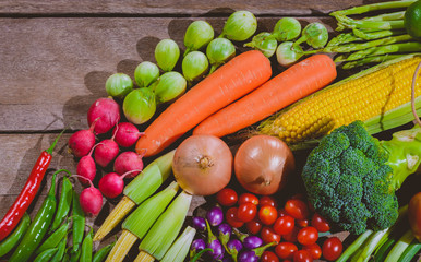 Backgroud of fresh food tasty and healthy varis vegetables are on the wooden table