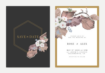 Botanical wedding invitation card template design, dried leaves and Woolly rock jasmine flowers on dark grey and white