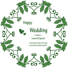 Drawing floral frame, with various green leaves, design invitation card happy wedding. Vector