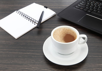 cup of coffee and pen on laptop