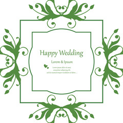 Invitation card, with lettering happy wedding, pattern of red flower frame. Vector