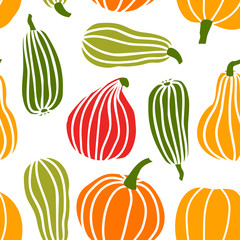 Hand draw Pumpkin Seamless Pattern in simple Doodle Style Vector Background colorful Pumpkins of different shapes and sizes isolated on white Background. Template for Halloween, Thanksgiving, Harvest