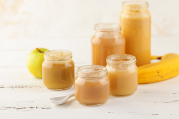 Glass jars of baby puree