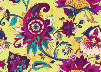 Paisley. Seamless Textile floral pattern with oriental paisley ornament.