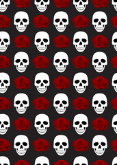 Skull and roses seamless pattern on black background. halloween skull pattern background. vector illustration