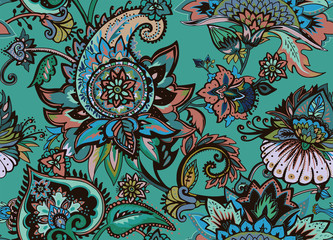 Paisley. Seamless Textile floral pattern with oriental paisley ornament.