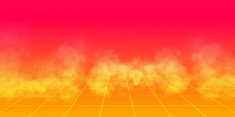 background retro 1980 , yellow and red gradient whit grid and smoke. Illustration