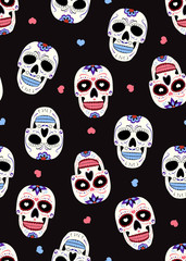 Day of the Dead sugar skull with floral ornament and flower seamless pattern on black background. halloween skull pattern background. vector illustration
