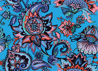 Paisley. Seamless Textile floral pattern with oriental paisley ornament.
