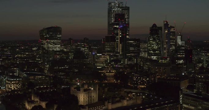 Drone shot of London City and Tower of London at nightime with the Gherkin in the background, shot on Inspire 2 with X7 Camera, ProRes 442 Flat profile not colour graded